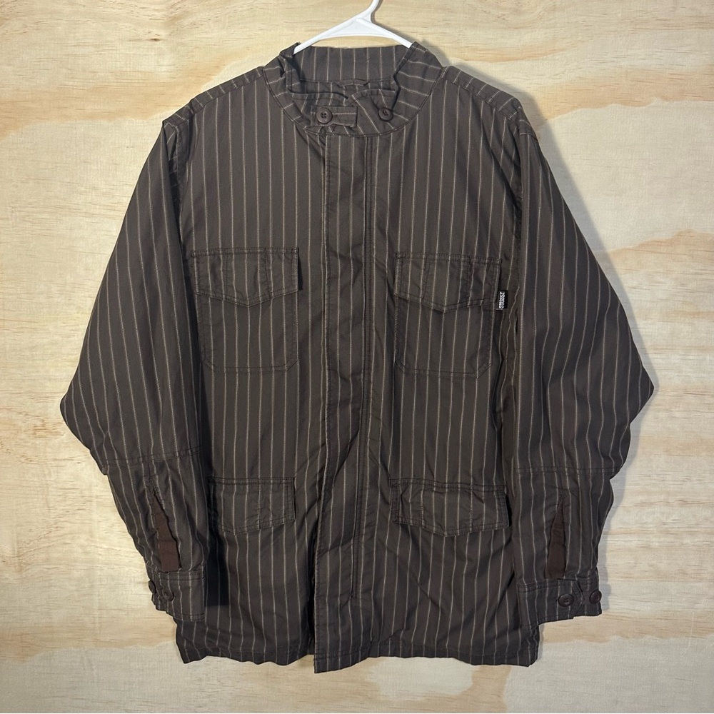 Vtg Stussy Striped Monogram Full Zip Jacket M65 Brown Streetwear Skate Hiphop M